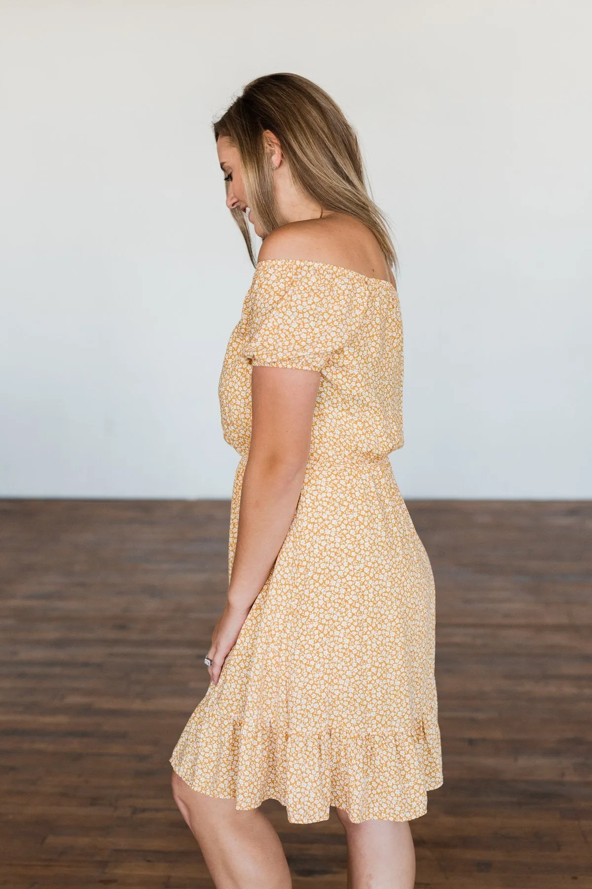 Swirl Off The Shoulder Dress - Mustard, Seasonal Fashion.