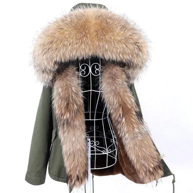 Thick Winter Jacket for Office Ladies with Full Sleeves and Natural Raccoon Fur Collar