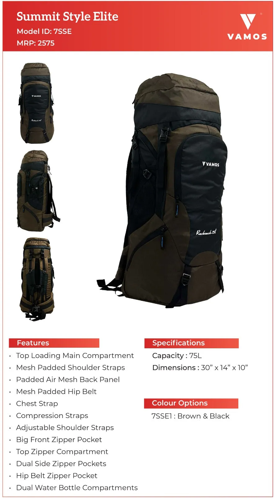 VAMOS 7SSE1 Summit Style Elite Hiking Bag - 75L Capacity