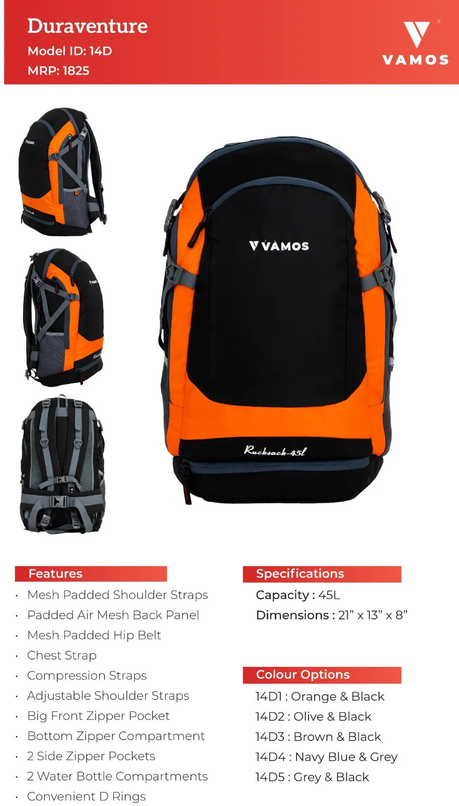 VAMOS Duraventure Travel Backpack 14D1 - 45L Capacity