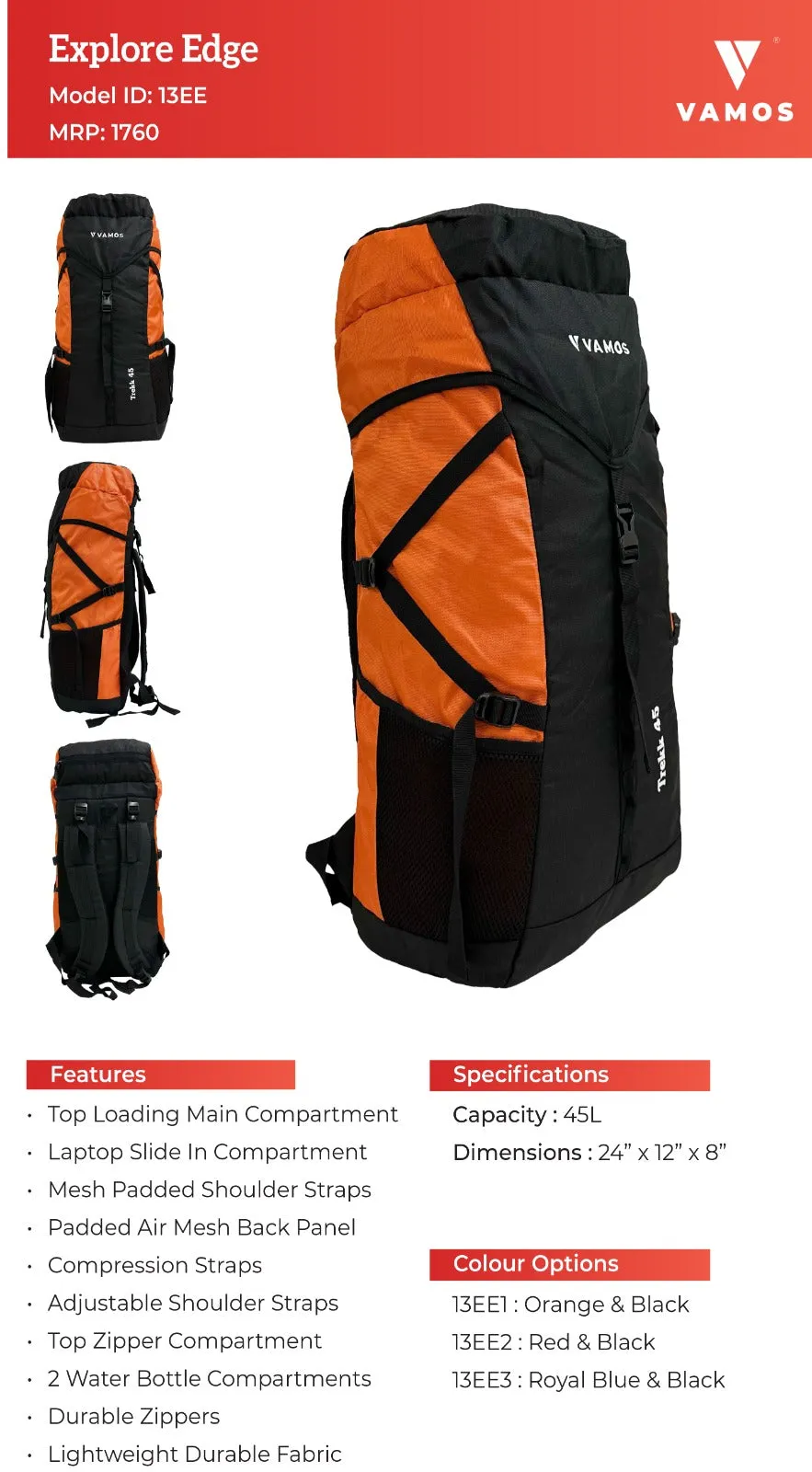 VAMOS Edge Hiking Bag 13EE1 - 45L Capacity