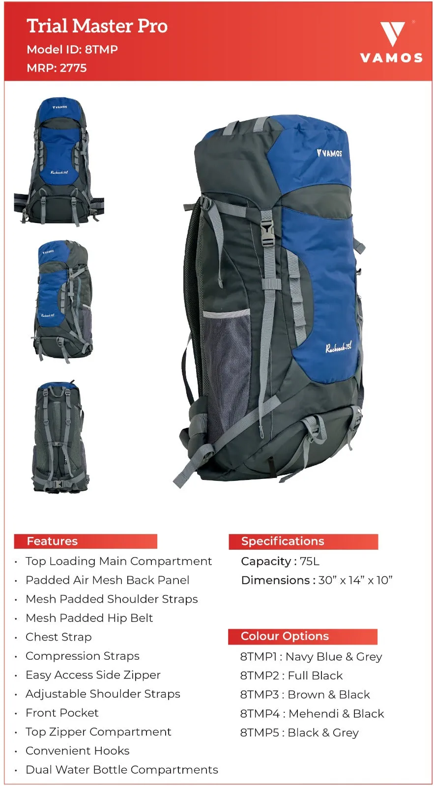 VAMOS Hiking Bag 8TMP1 - 75L Capacity