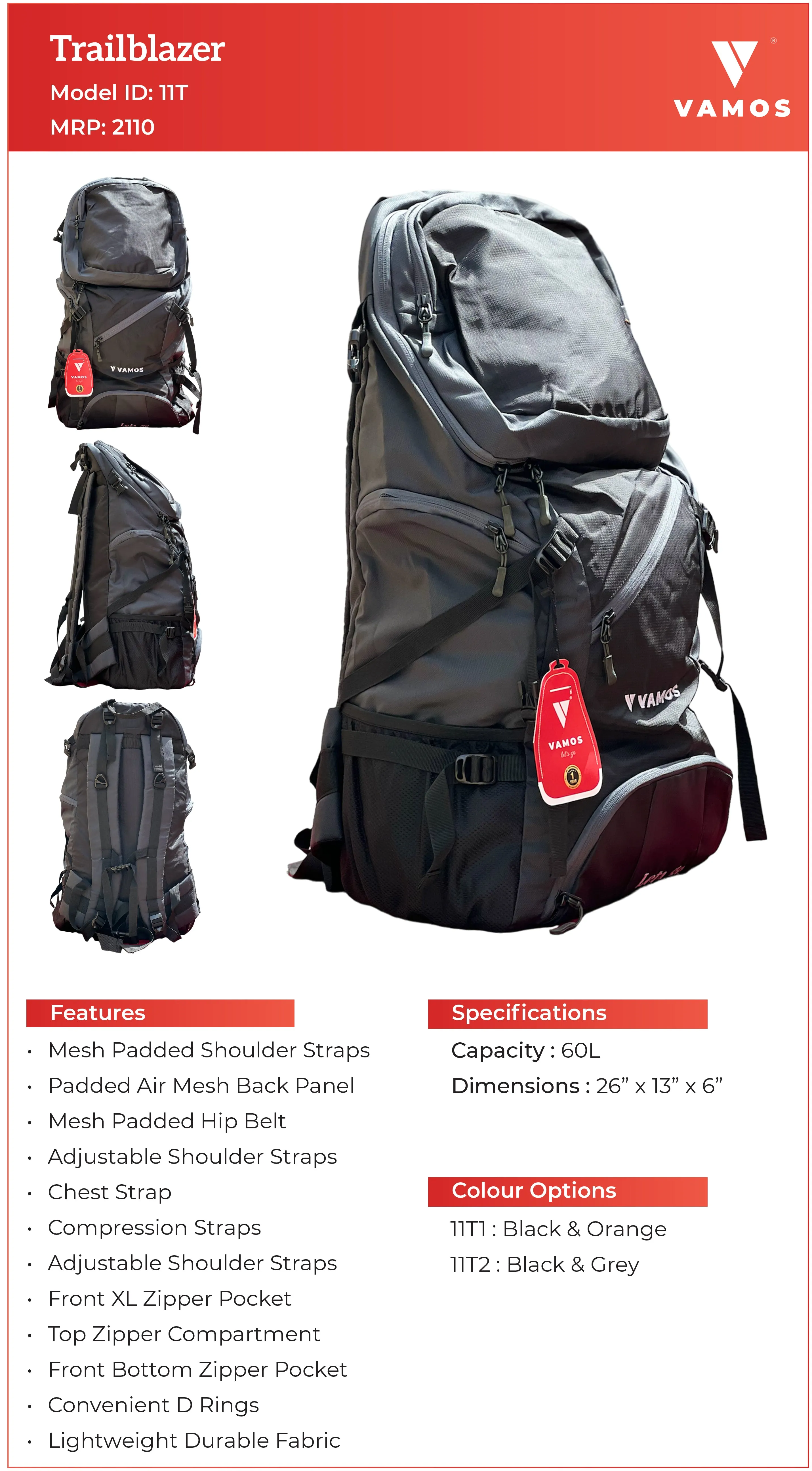 VAMOS Trailblazer Hiking Bag 11T2 - 60L Capacity