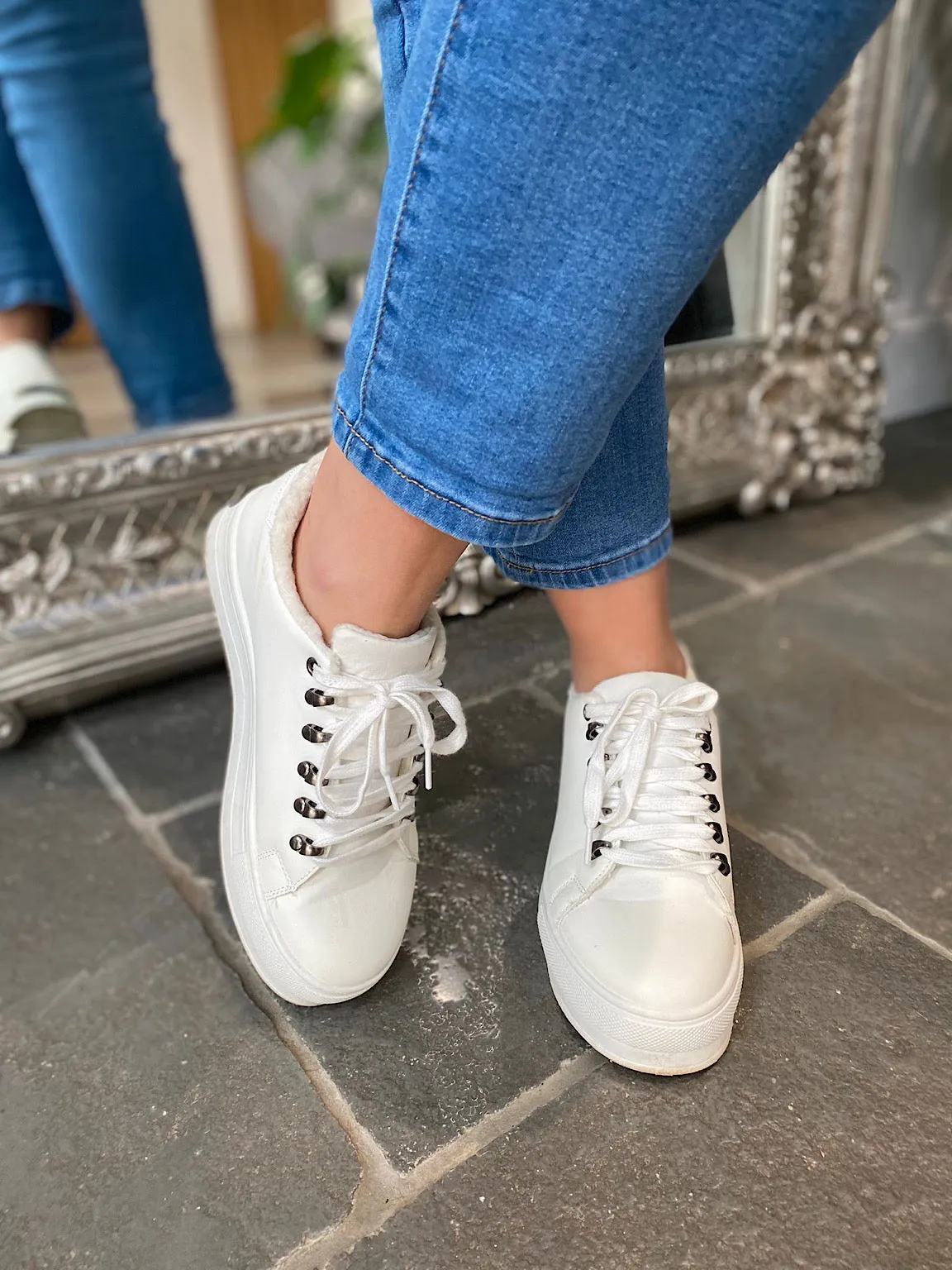 White Fleece Lined Platform Sneakers