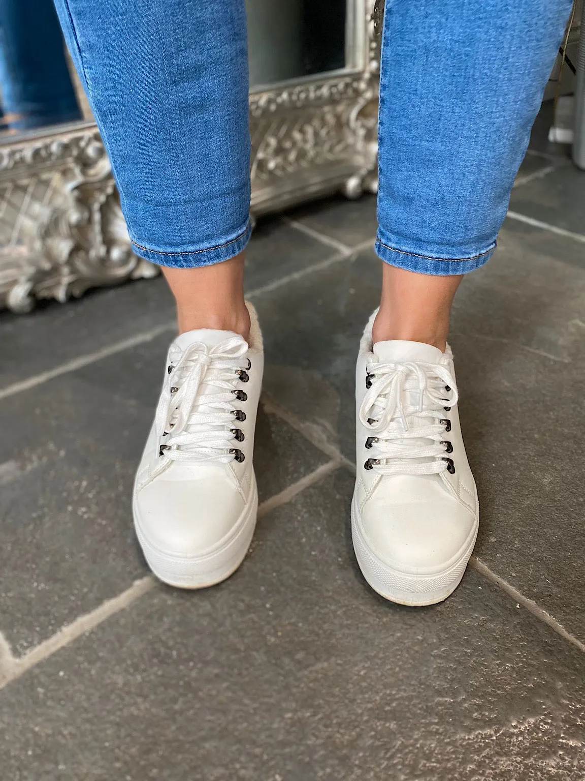 White Fleece Lined Platform Sneakers