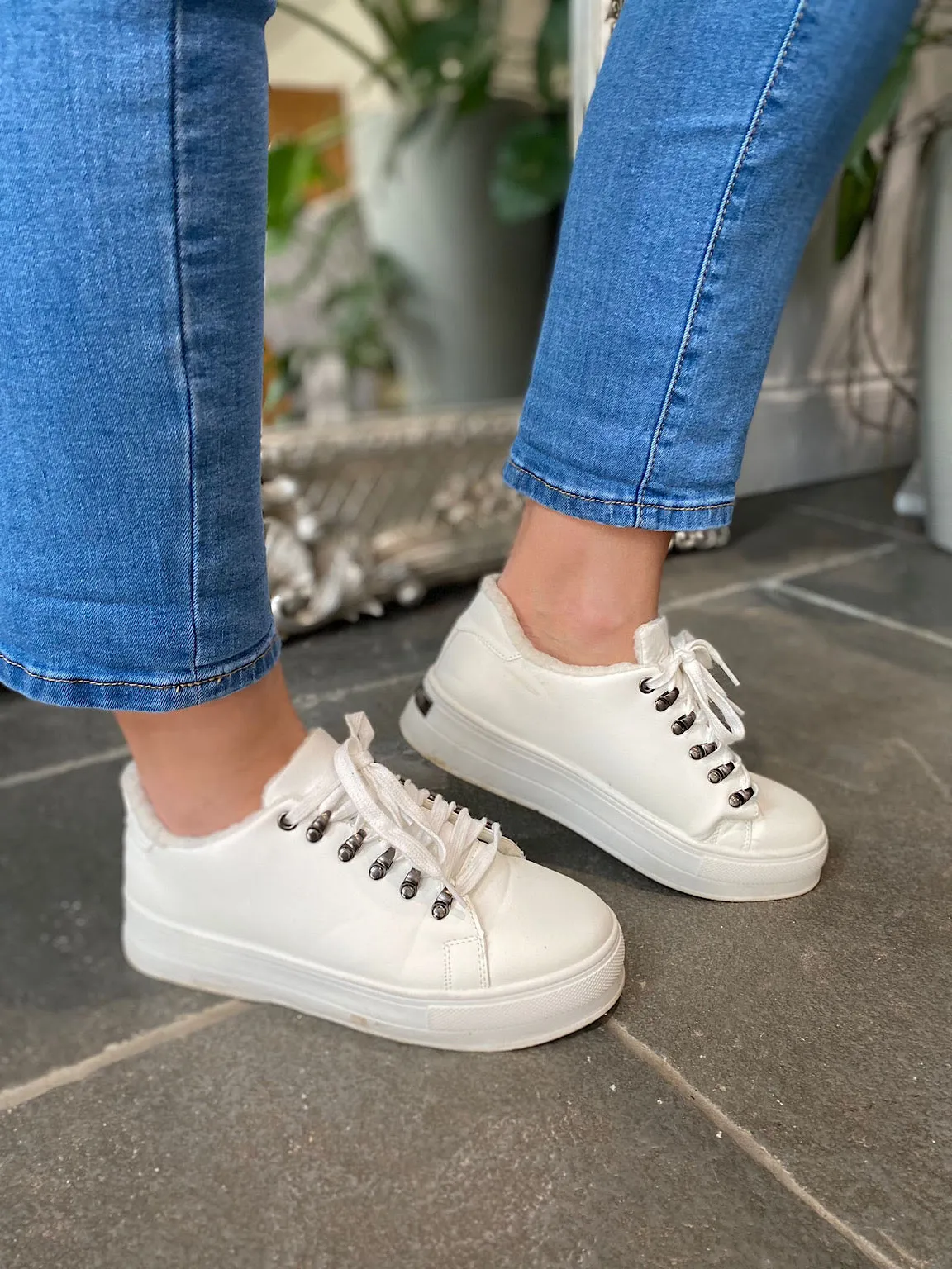 White Fleece Lined Platform Sneakers