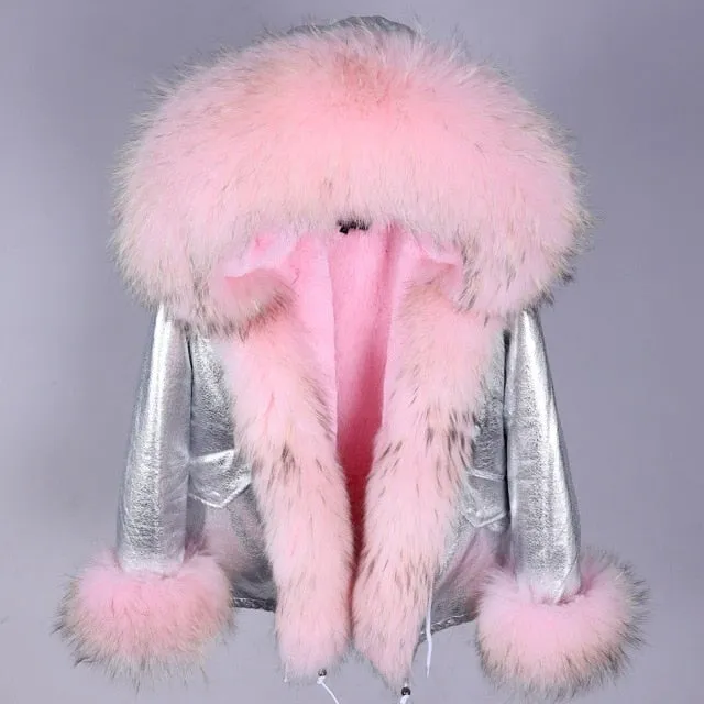 Winter fashion parkas with natural raccoon fur collar and sleeves.