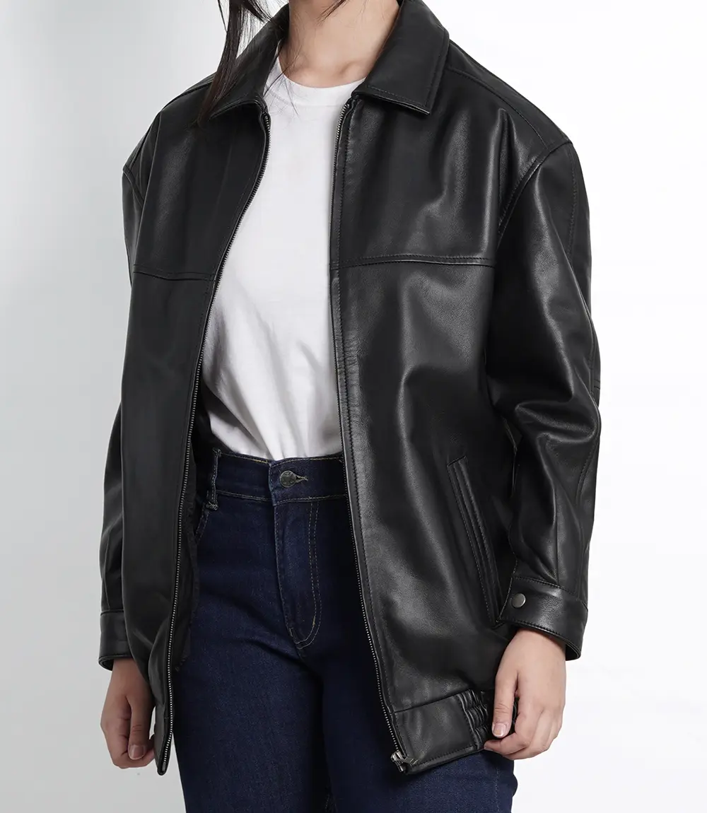 Womens Black Oversized Bomber Leather Jacket