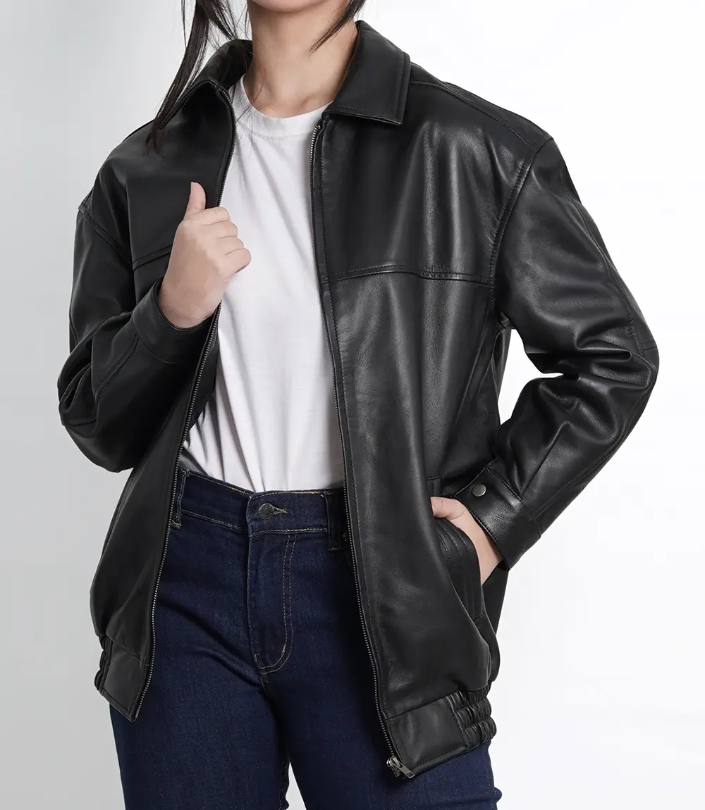 Womens Black Oversized Bomber Leather Jacket