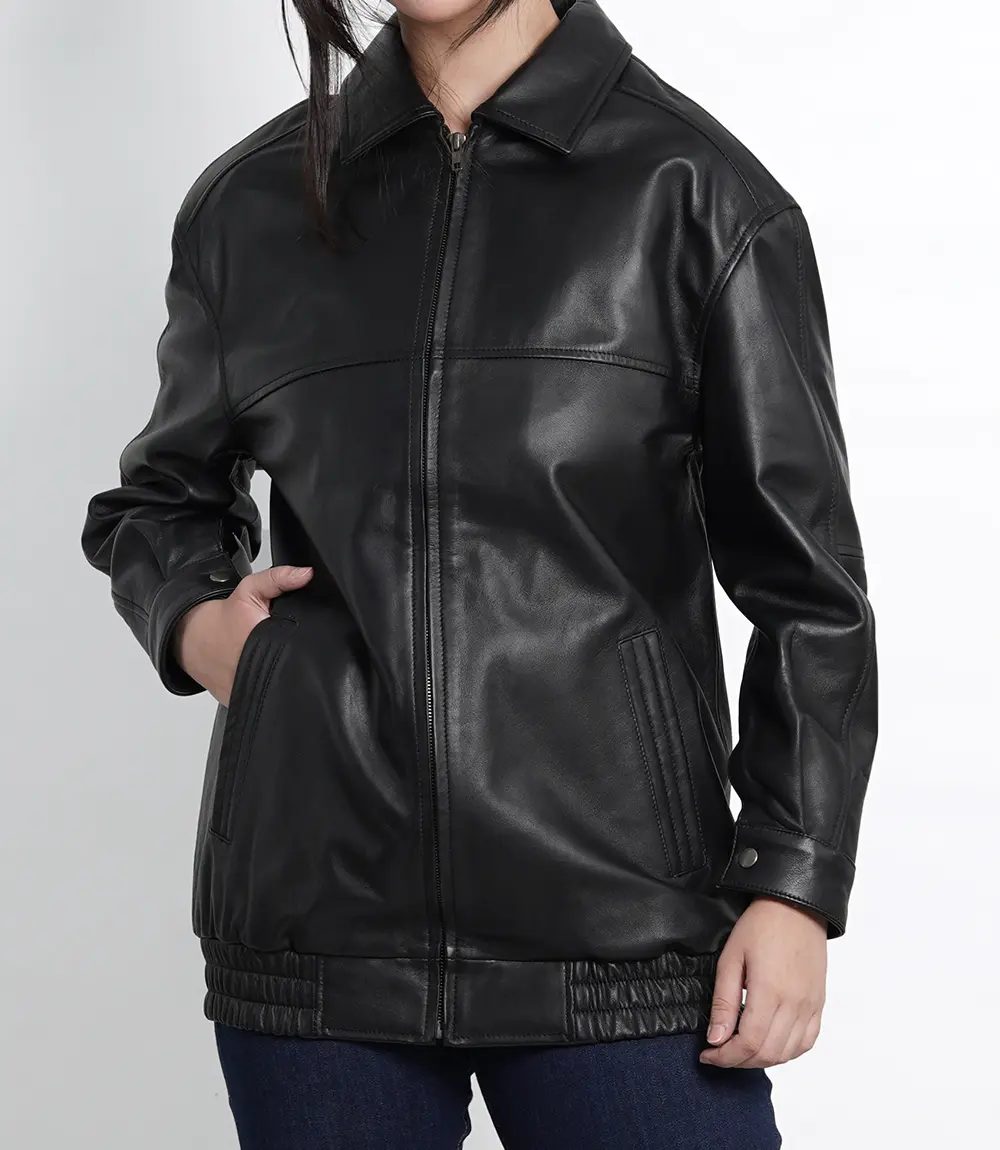 Womens Black Oversized Bomber Leather Jacket