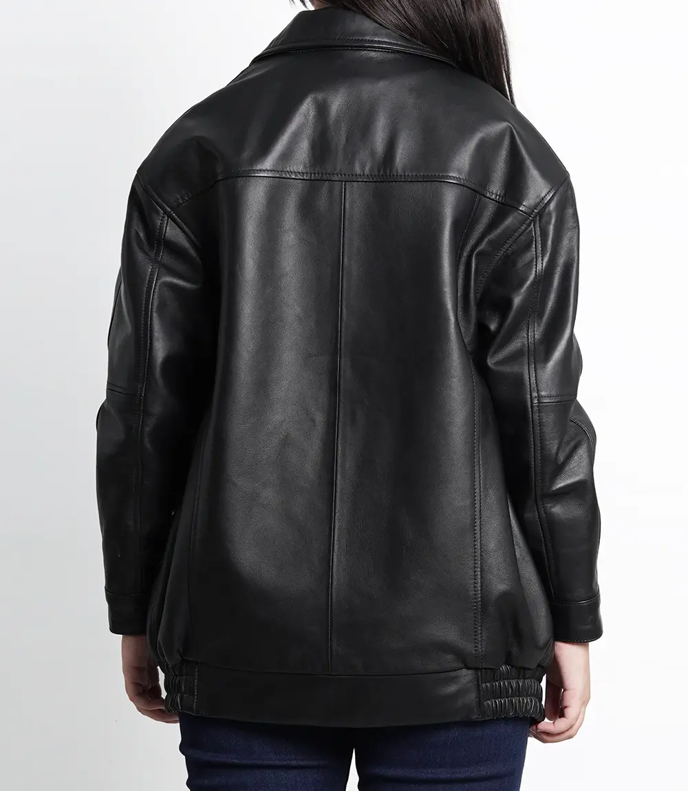 Womens Black Oversized Bomber Leather Jacket