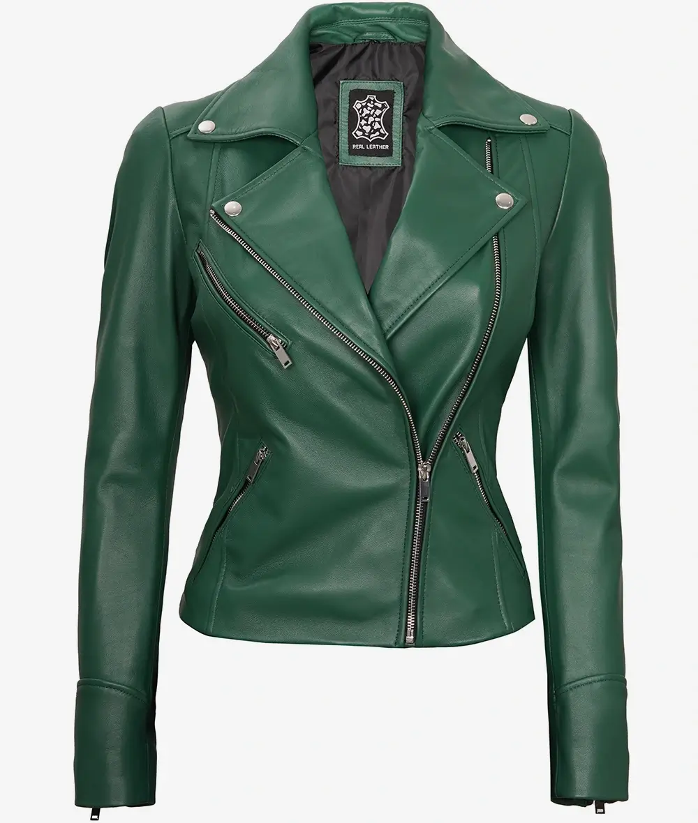 Womens Real Lambskin Leather Green Moto Jacket