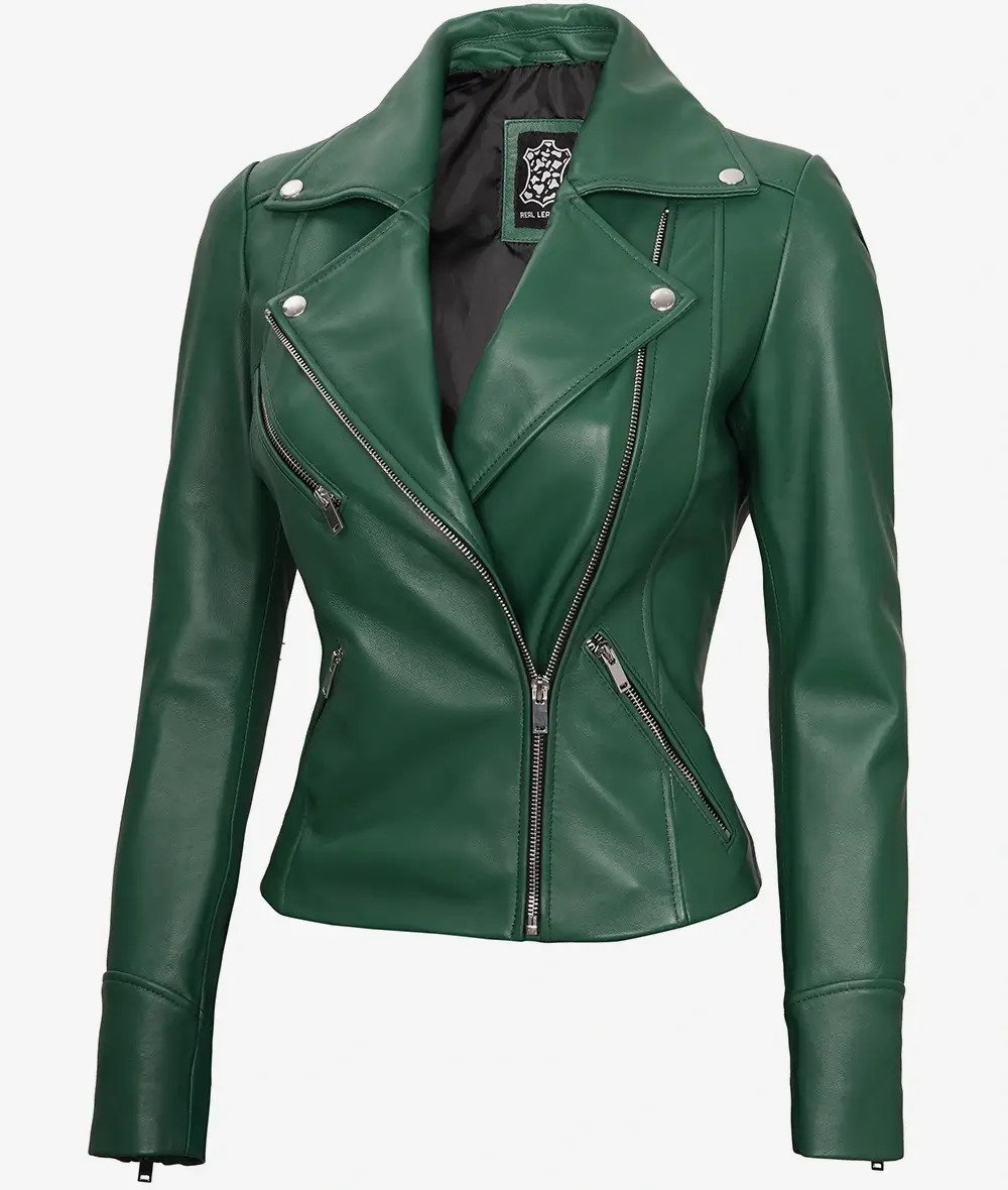 Womens Real Lambskin Leather Green Moto Jacket