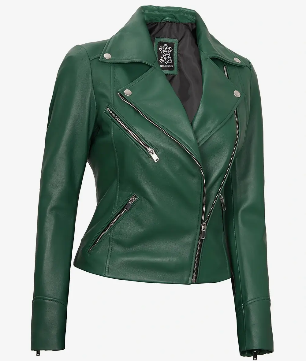 Womens Real Lambskin Leather Green Moto Jacket