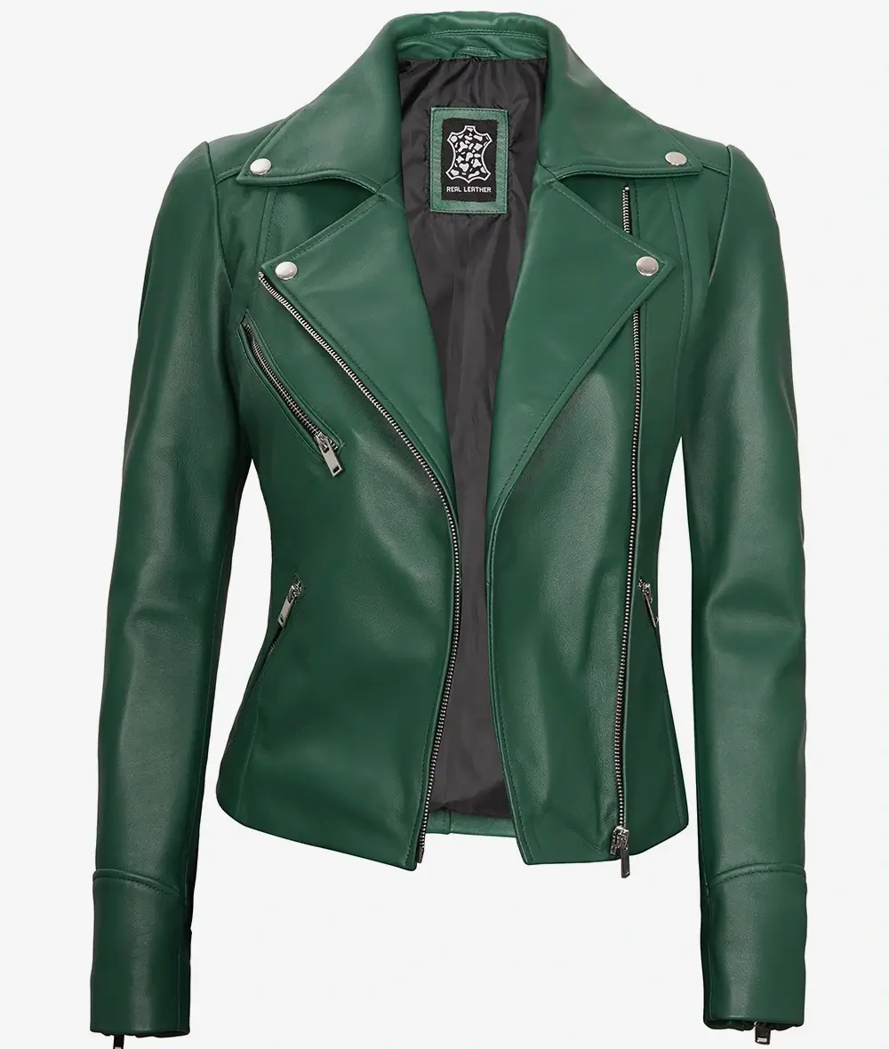 Womens Real Lambskin Leather Green Moto Jacket