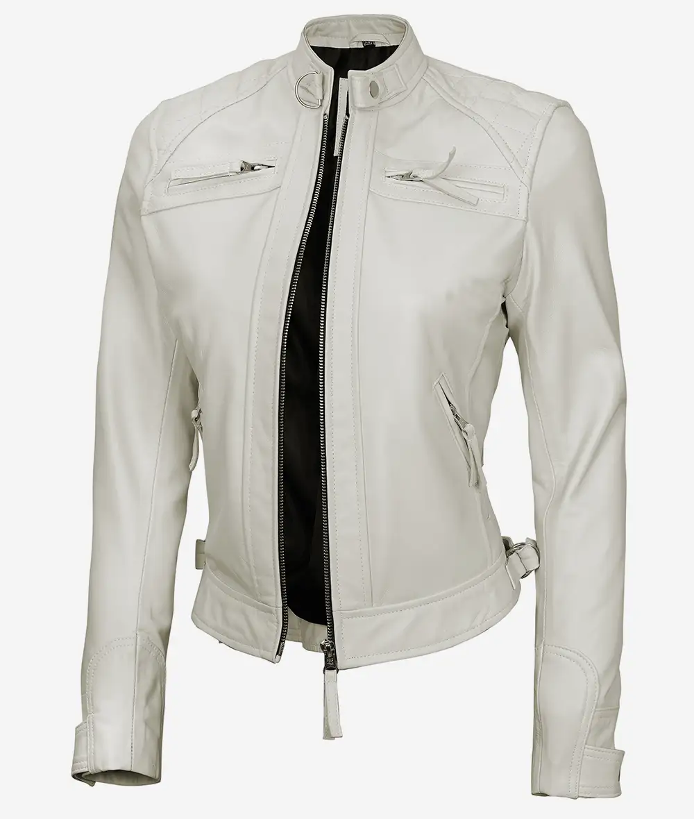 Womens Real Lambskin Leather Off White Quilted Biker Jacket