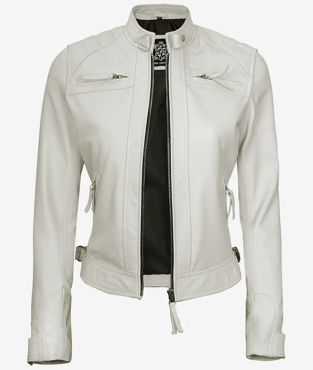 Womens Real Lambskin Leather Off White Quilted Biker Jacket