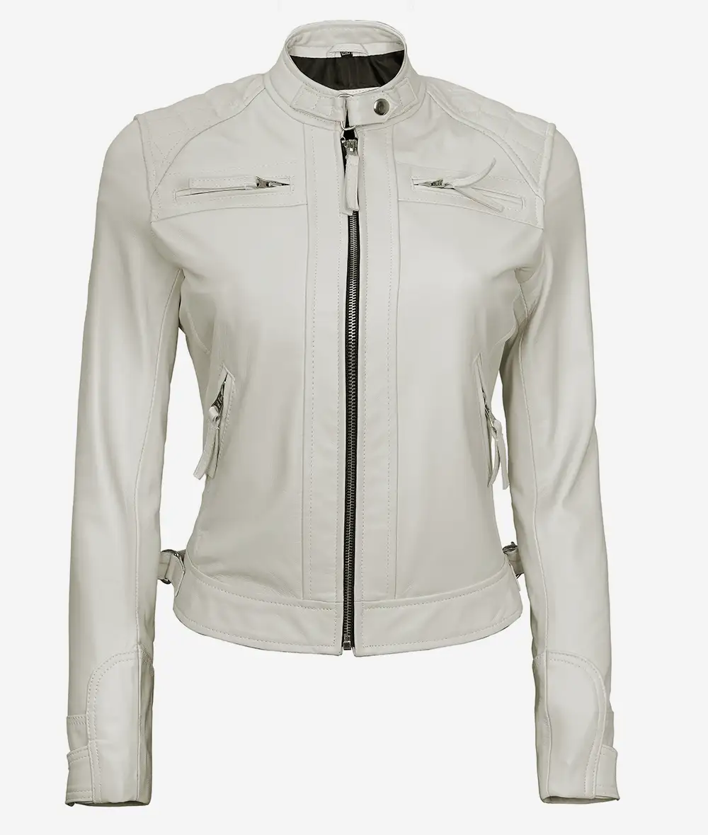 Womens Real Lambskin Leather Off White Quilted Biker Jacket