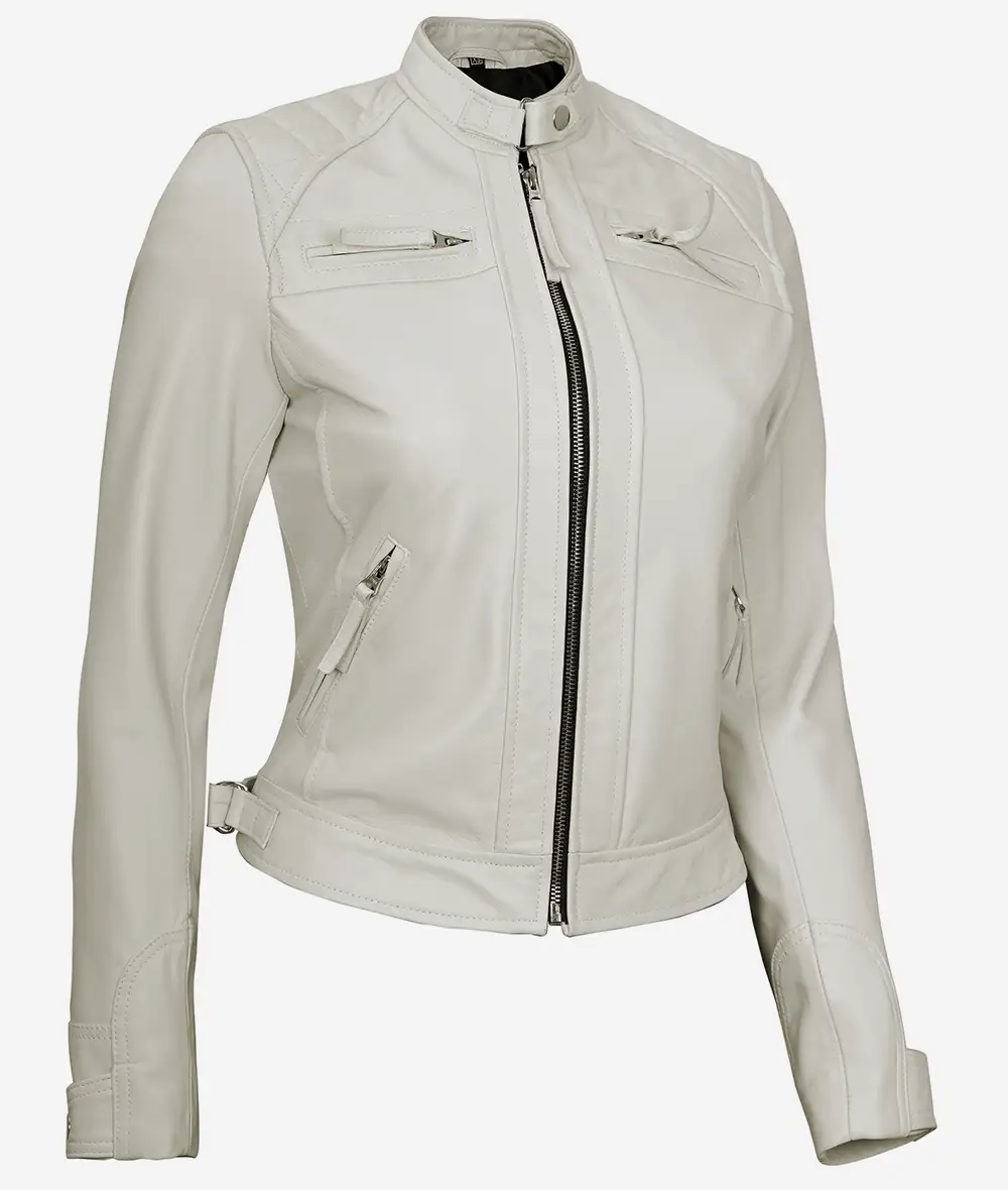 Womens Real Lambskin Leather Off White Quilted Biker Jacket