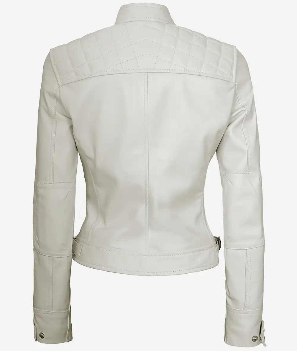 Womens Real Lambskin Leather Off White Quilted Biker Jacket