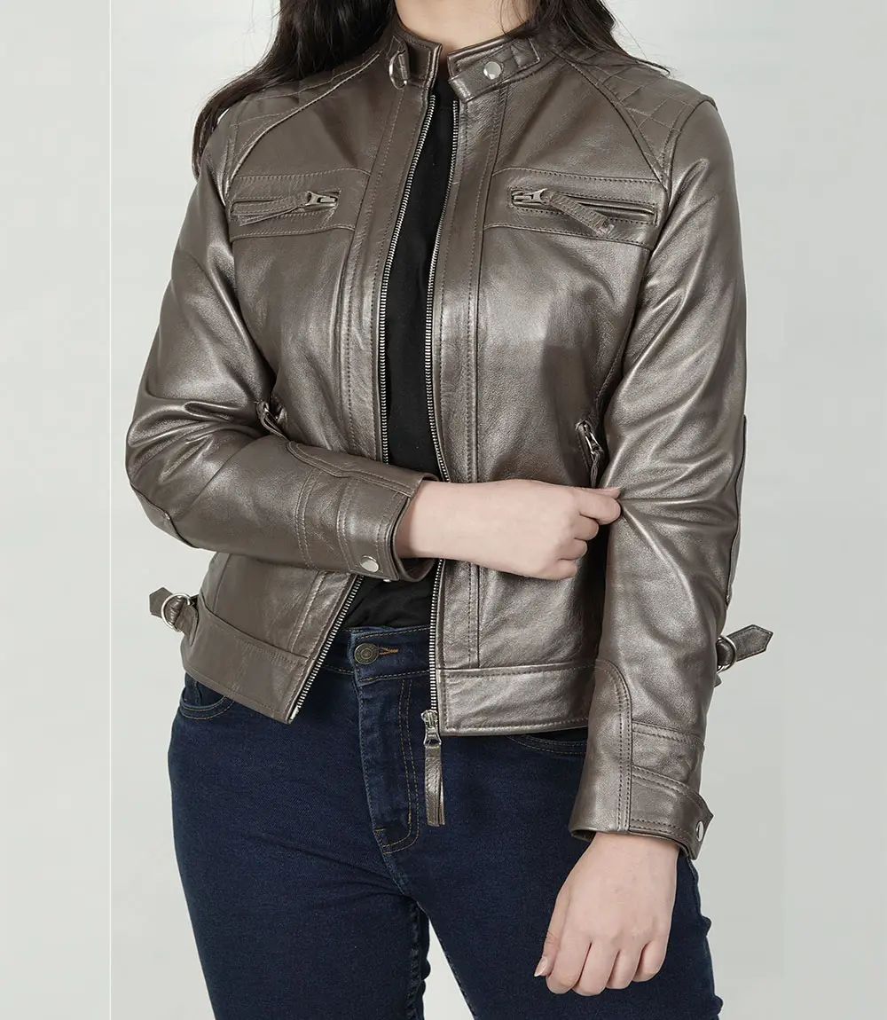 Womens Real Leather Bronze Motorcycle Jacket