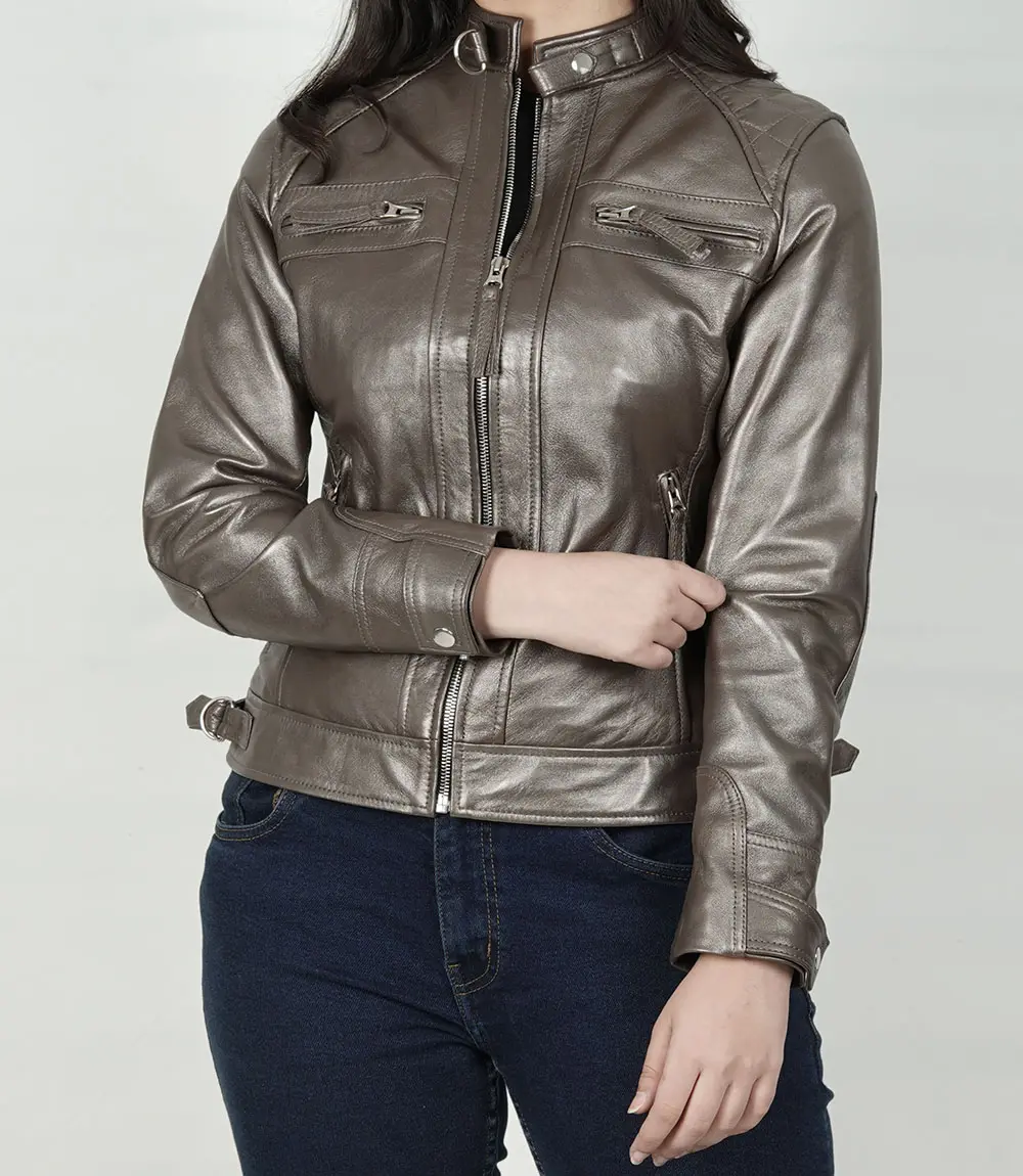 Womens Real Leather Bronze Motorcycle Jacket