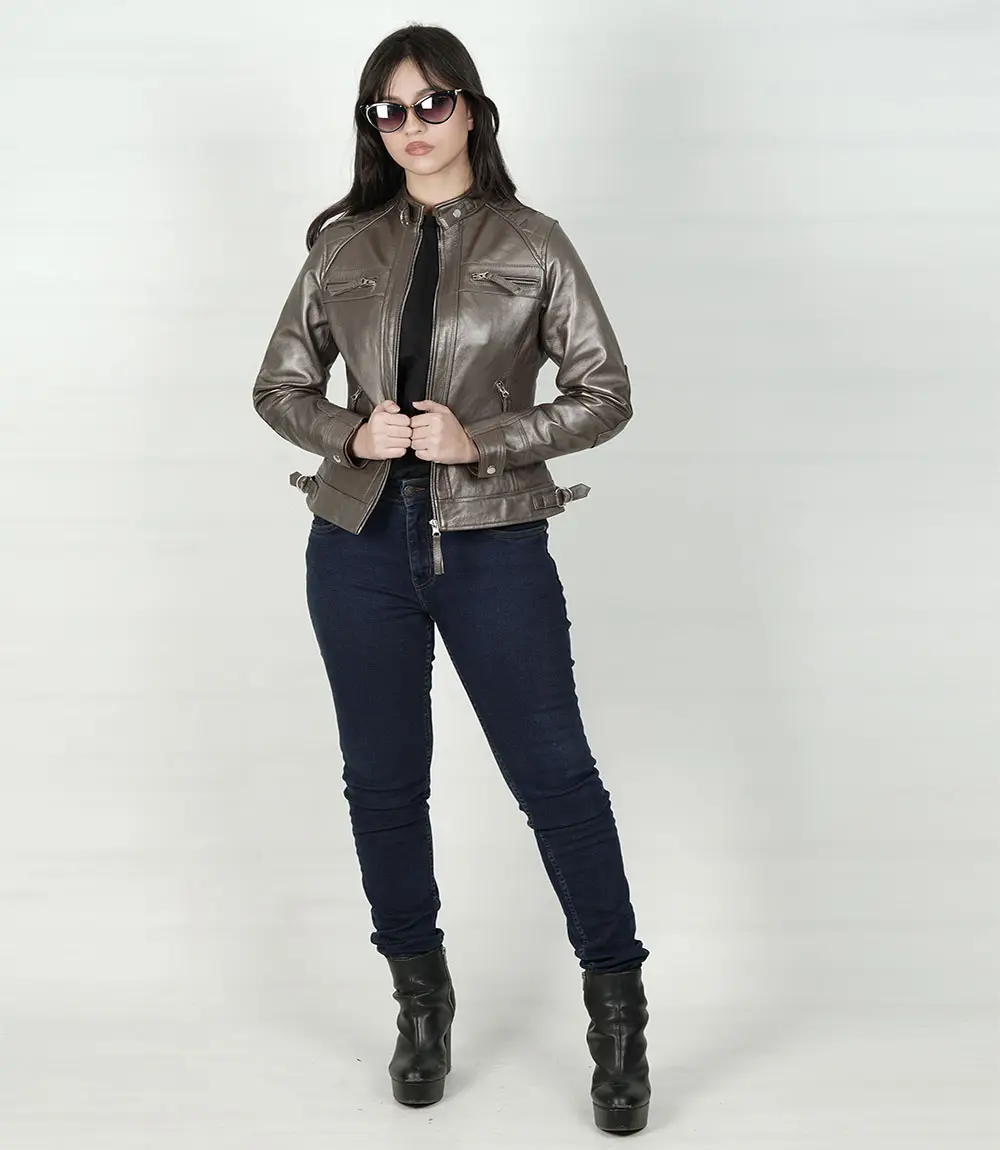 Womens Real Leather Bronze Motorcycle Jacket