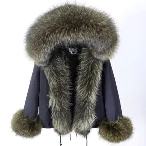 Women's Winter Jacket with Long-Sleeves and Racoon Fur Collar